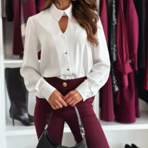 Casual Solid Color Long Sleeved Lapel Hollow Button Shirt Top