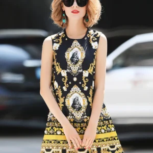 Summer Dress Round Neck Sleeveless Diamond Fashion Print