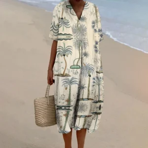 Vintage Elegant Casual Dress, Coconut Tree Print